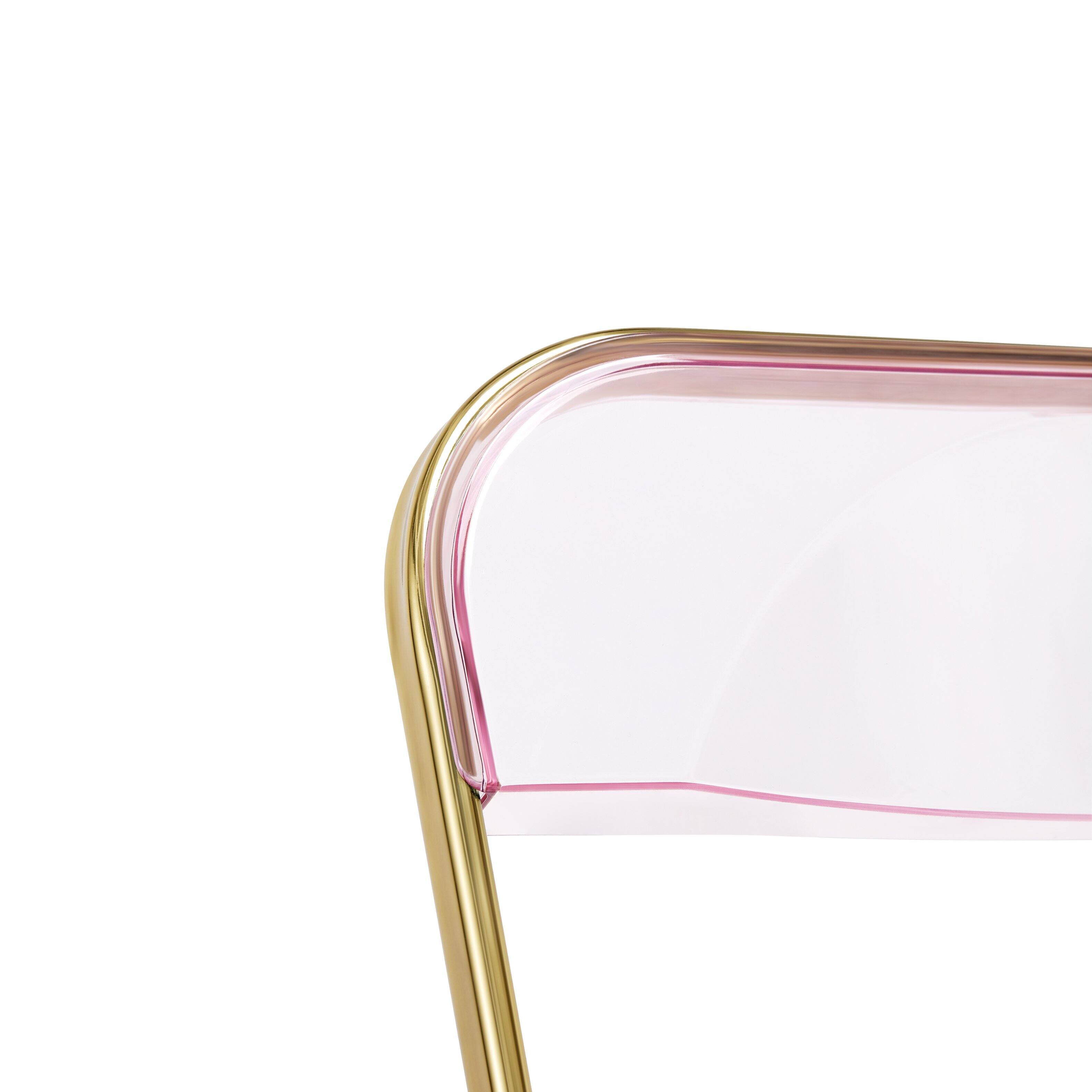 Alt View 6. LeisureMod - Lawrence Clear Acrylic Folding Chair, Modern Gold Chrome Frame, Fully Assembled Portable Dining Seat - Rose Pink.