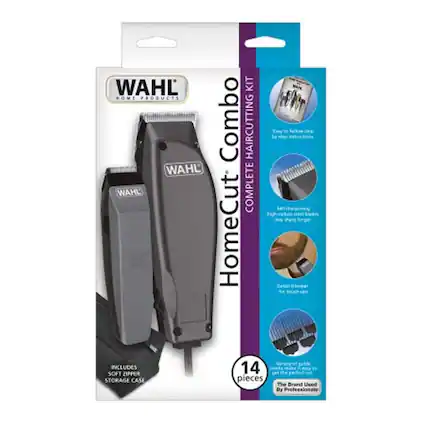 WAHL HOME PRODUCTS
HomeCut Combo
COMPLETE HAIRCUTTING KIT
Easy to follow step-by-step instructions.
Self-sharpening high-carbon steel blades stay sharp longer.
Detail trimmer for touch-ups.
Includes soft zipper storage case.
Variety of guide combs.
14 pieces.
The Brand Used By Professionals.