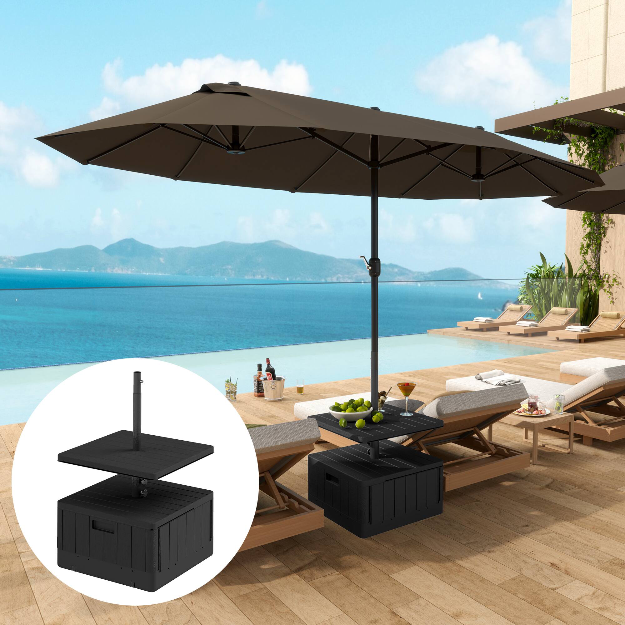 Alt View 1. Outsunny - Umbrella Base with Table Tray, Heavy Duty Weighted Umbrella Stand，Wheels Handles - Black.