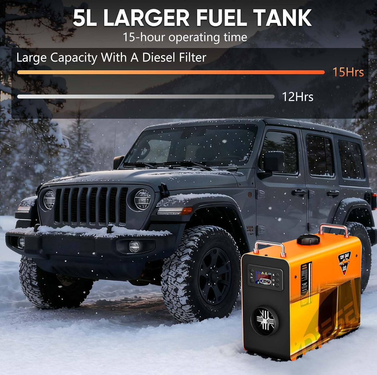 5L LARGER FUEL TANK  
15-hour operating time  
Large Capacity With A Diesel Filter  

15Hrs  
12Hrs