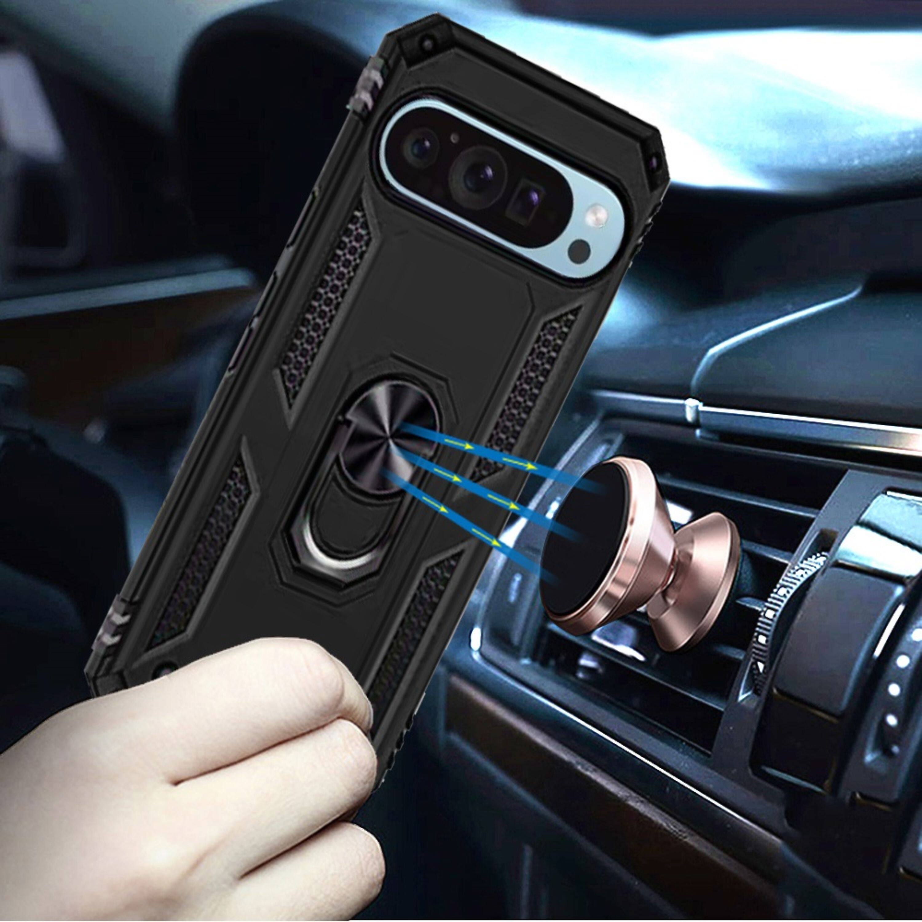 Angle. Kitcheniva - Rugged Magnetic Ring Kickstand Hybrid Case For Google Pixel 9 Pro XL Black - Black.