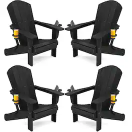 SERWALL - Adirondack Chairs Set of 4 with Cup Holders,Composite Adirondack Chairs,HDPE Outdoor Chairs - Black
