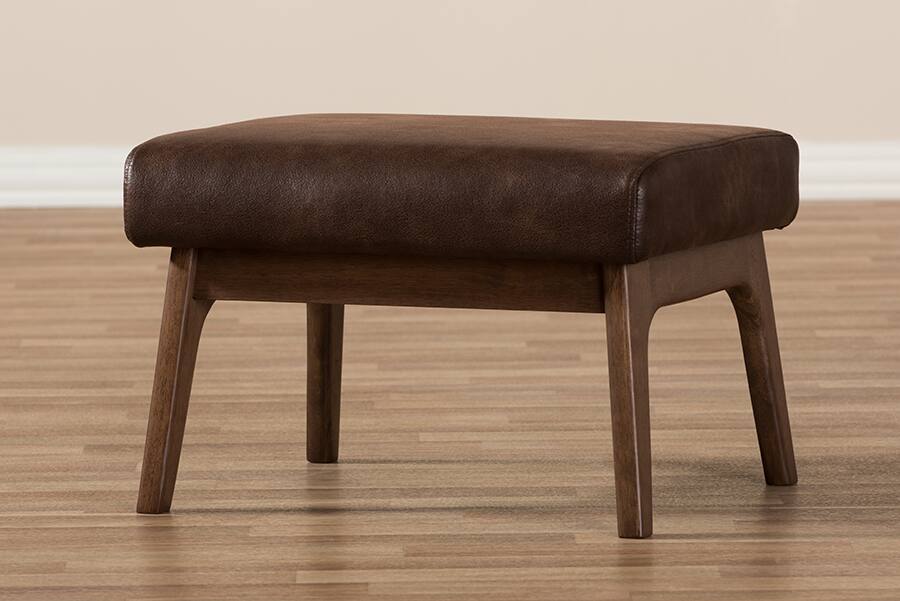 Alt View 1. Baxton Studio - Bianca Mid-Century Modern Walnut Wood Distressed Faux Leather Effect Ottoman - Dark Brown/"Walnut" Brown.