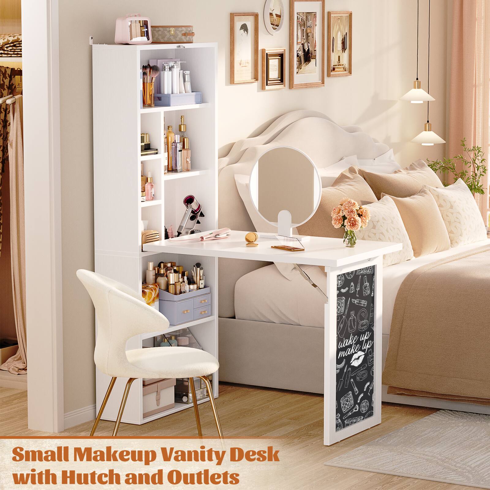 Small Makeup Vanity Desk with Hutch and Outlets