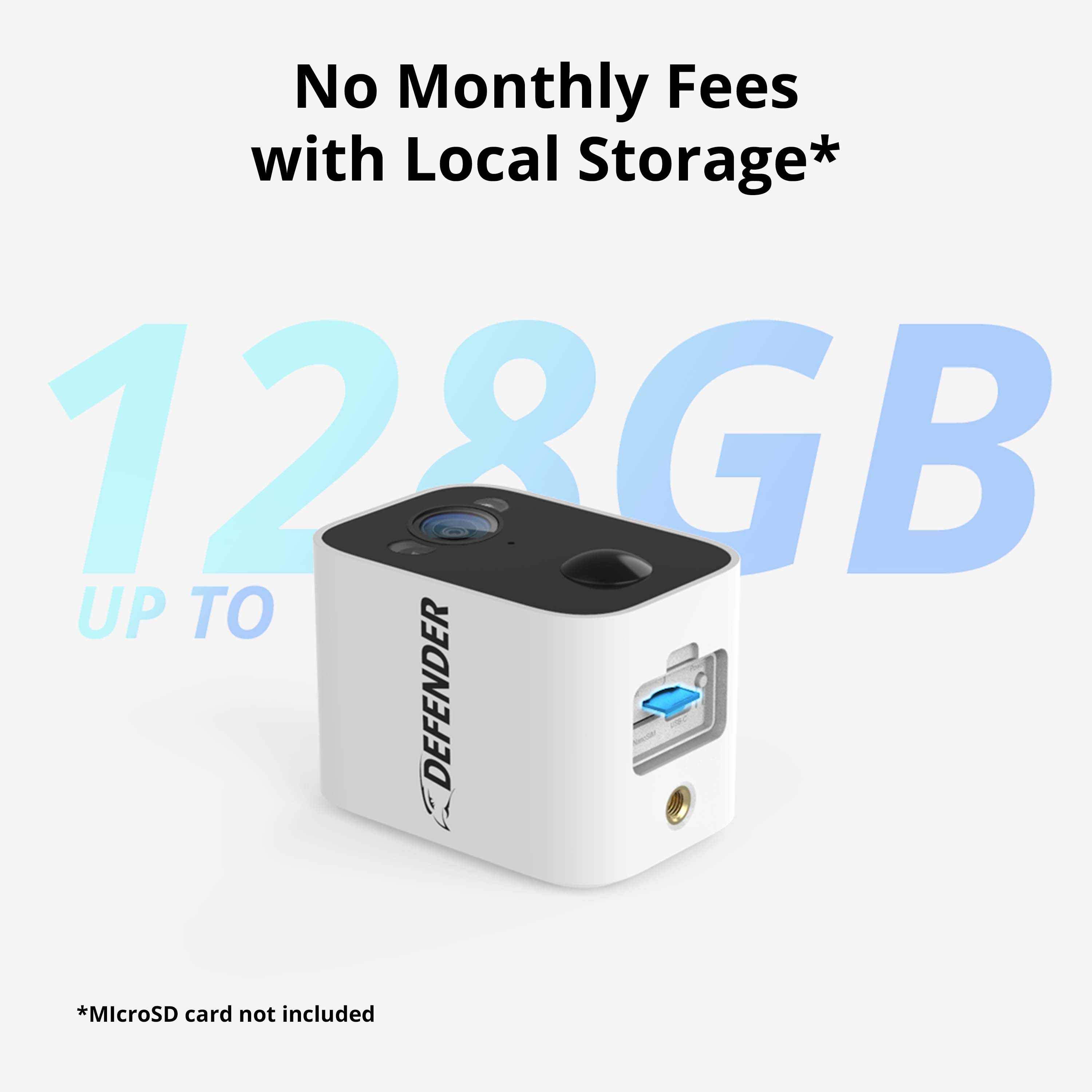 No Monthly Fees with Local Storage*

128GB UP TO DEFENDER

*MicroSD card not included