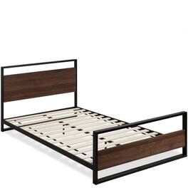 Hivvago - Queen size Farmhouse Metal Wood Platform Bed Frame with Headboard Footboard - Brown