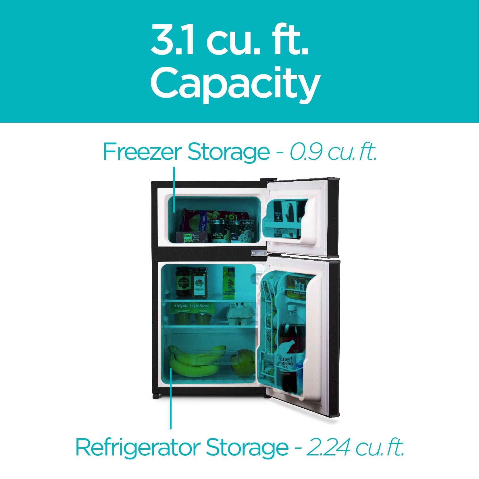 3.1 cu. ft. Capacity
Freezer Storage - 0.9 cu. ft.
Refrigerator Storage - 2.24 cu. ft.