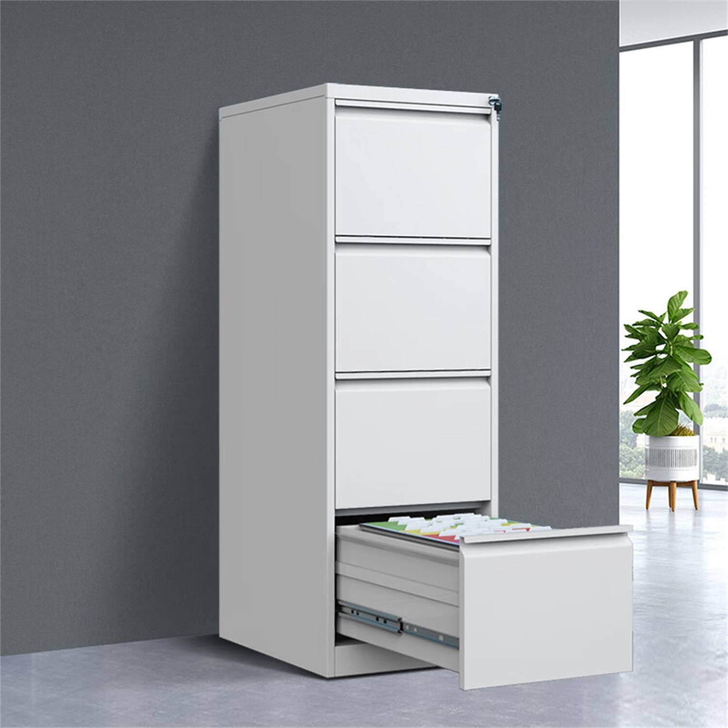 Back. COWLOWN - 4 Drawer Lockable Metal Vertical File Cabinet White Narrow Design for A4 Legal Letter Size.