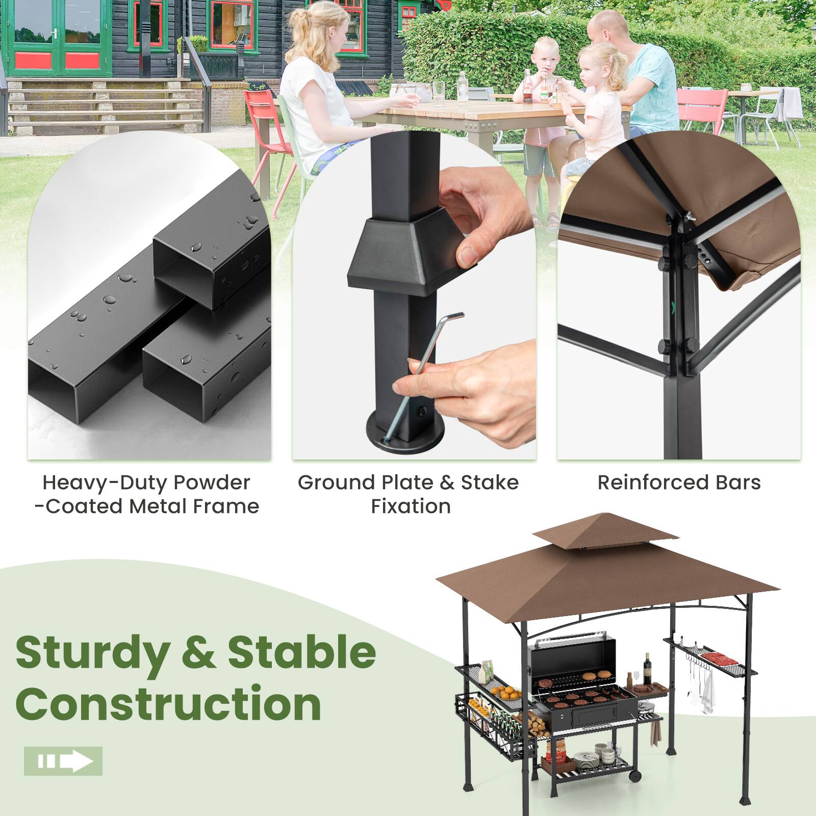 Heavy-Duty Powder-Coated Metal Frame  
Ground Plate & Stake Fixation  
Reinforced Bars  

Sturdy & Stable Construction