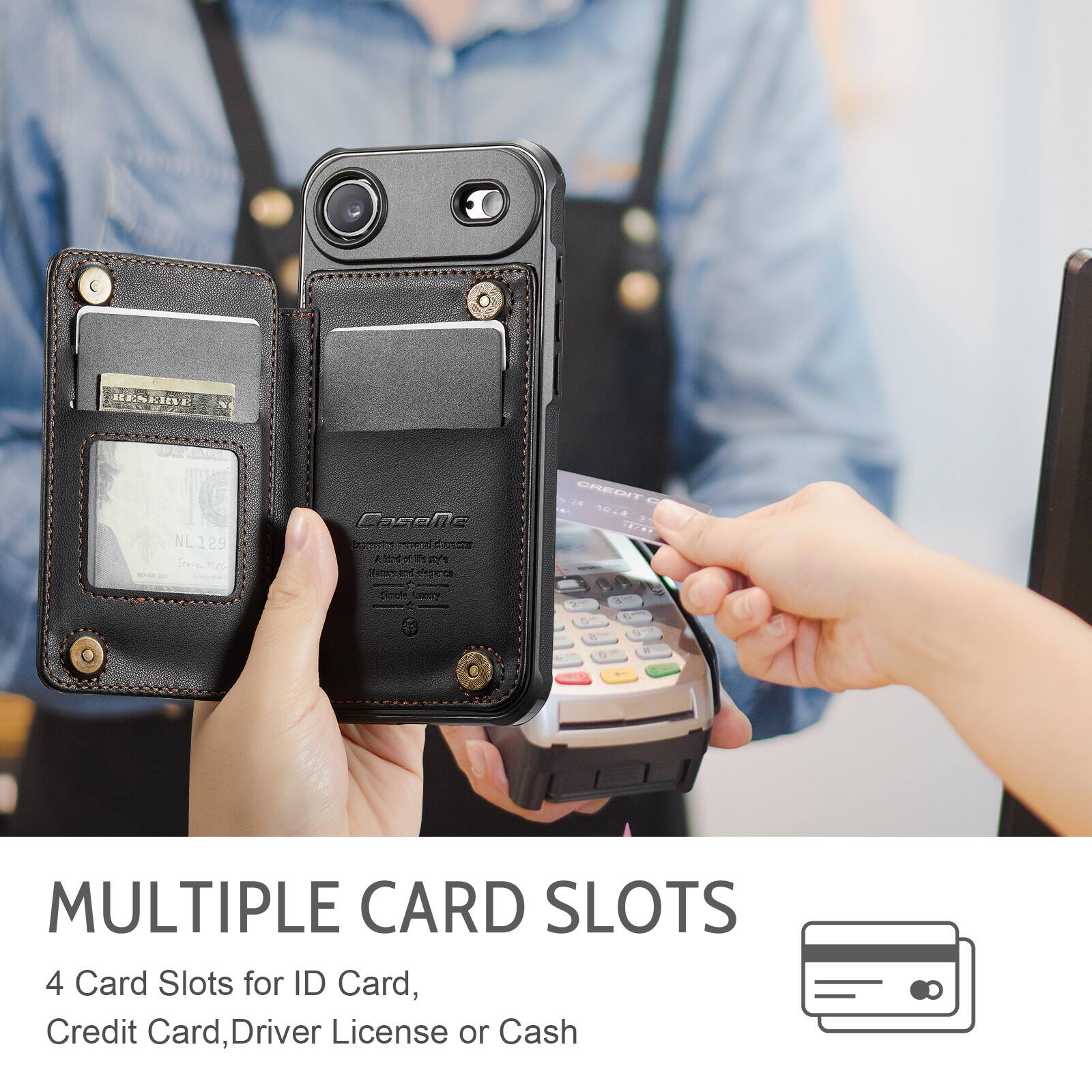 MULTIPLE CARD SLOTS

4 Card Slots for ID Card, Credit Card, Driver License or Cash