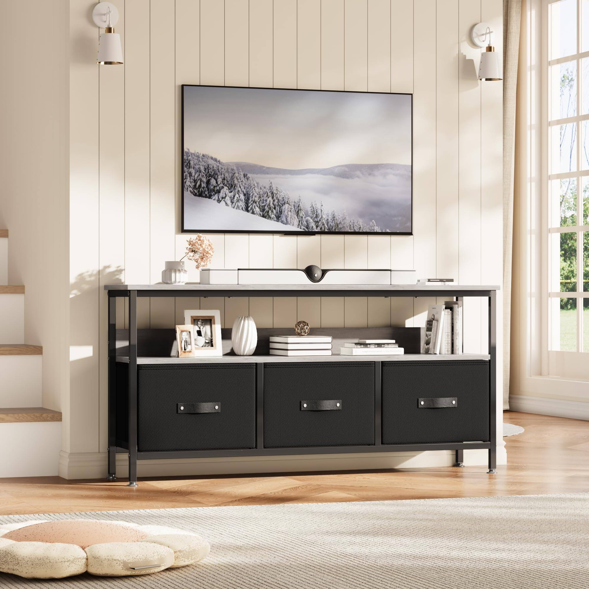 Back. Jojoka - 47.2" Dresser TV Stand for 55 Inch TV, Entertainment Center with Storage, Drawers & Open Shelves - Grey Top & Black Drawers.