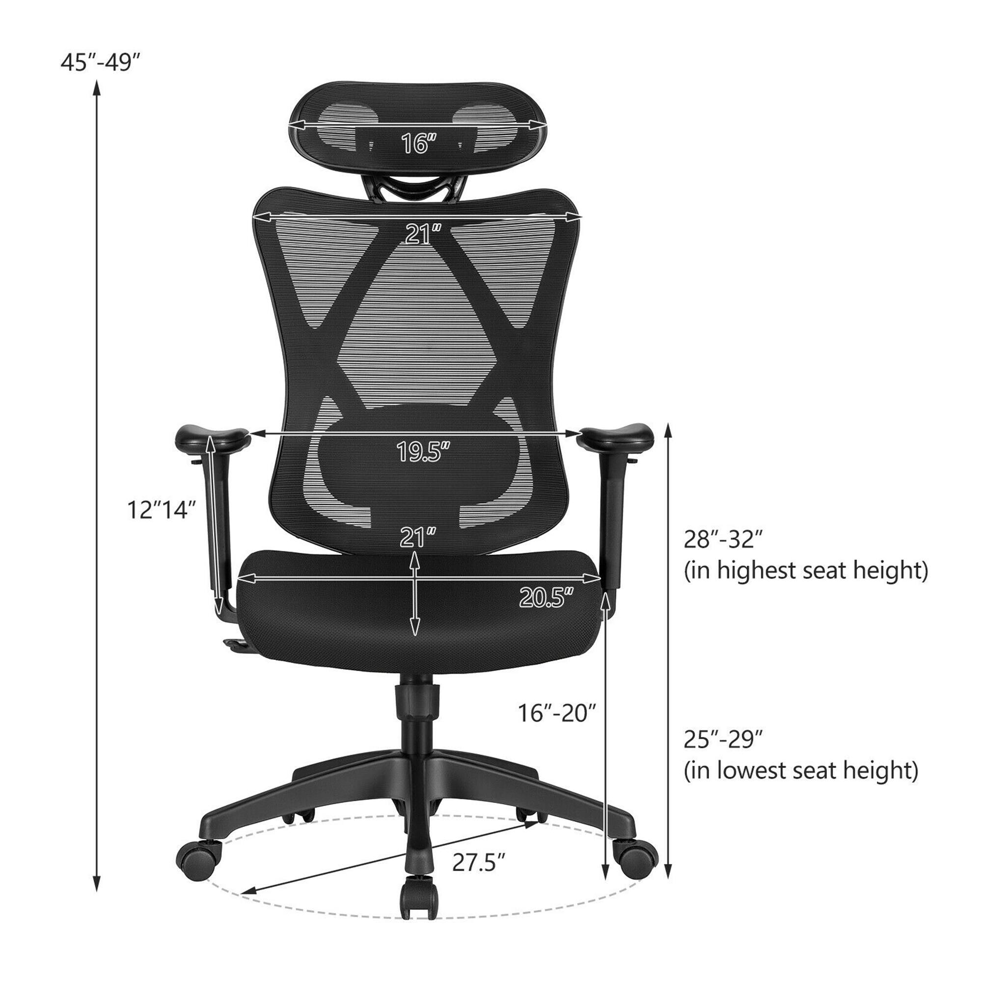 The text on the image reads:

45"-49" 16" 21" 19.5" 12" 14" 21" 20.5" 28"-32" (in highest seat height) 16"-20" 25"-29" (in lowest seat height) 27.5"