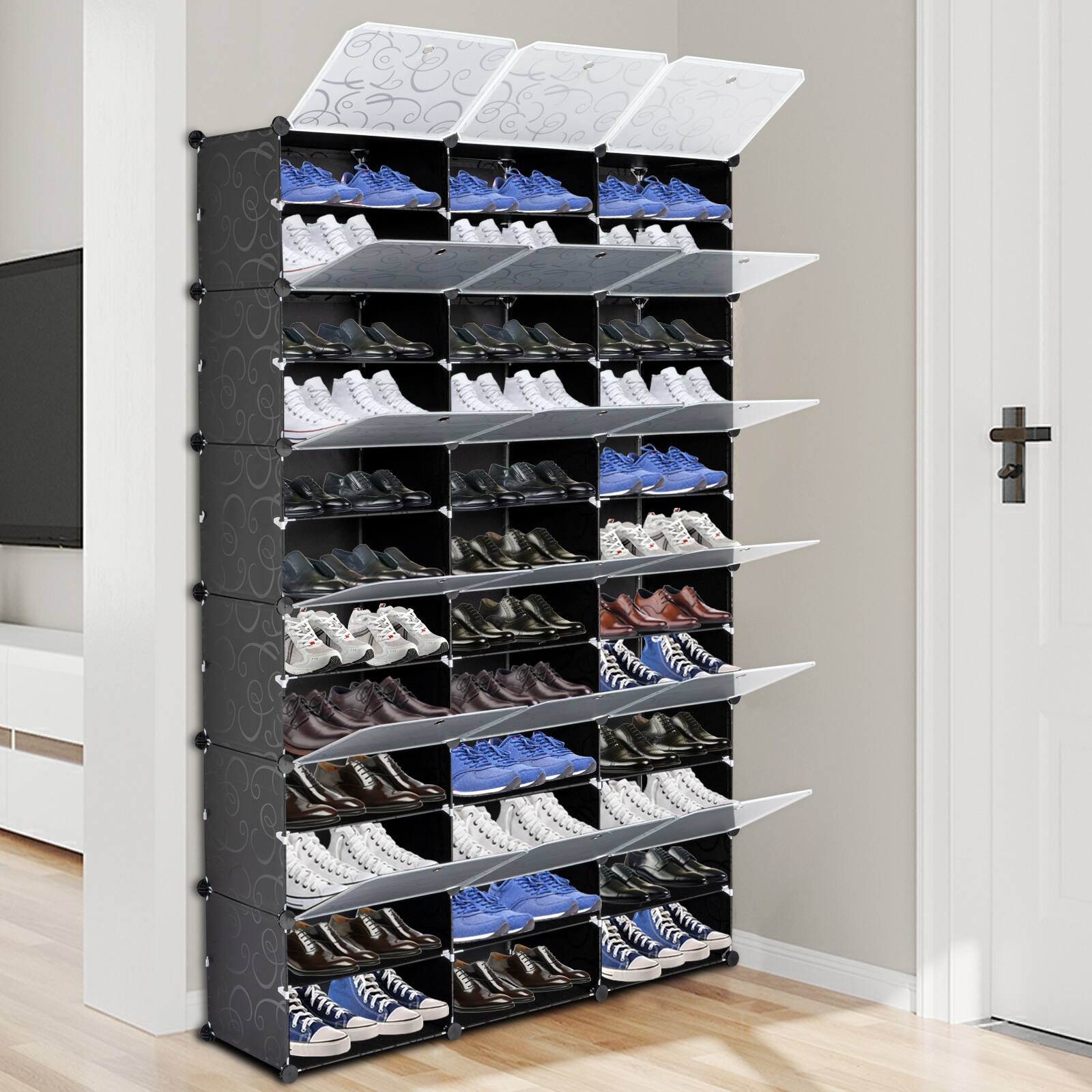 Acekool - Shoe Rack Organizer, 12-Tier Storage Cabinet for 72 Pairs, 36 Grid Expandable Plastic Shelves, 120x30x180cm - Black