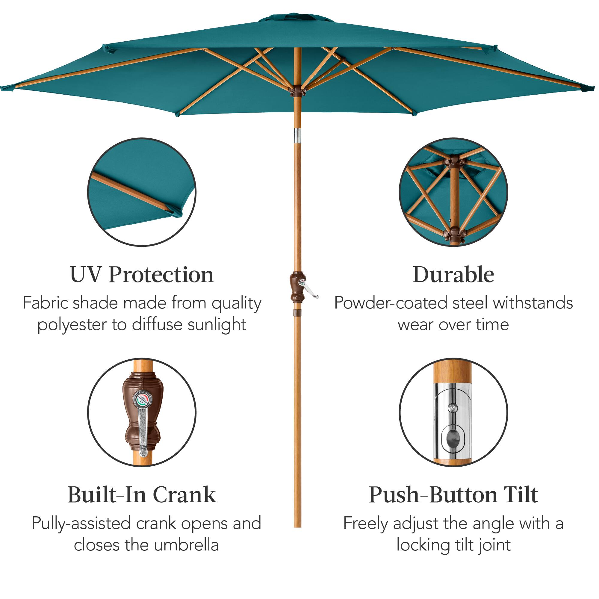 UV Protection: Fabric shade made from quality polyester to diffuse sunlight.

Durable: Powder-coated steel withstands wear over time.

Built-In Crank: Pulley-assisted crank opens and closes the umbrella.

Push-Button Tilt: Freely adjust the angle with a locking tilt joint.