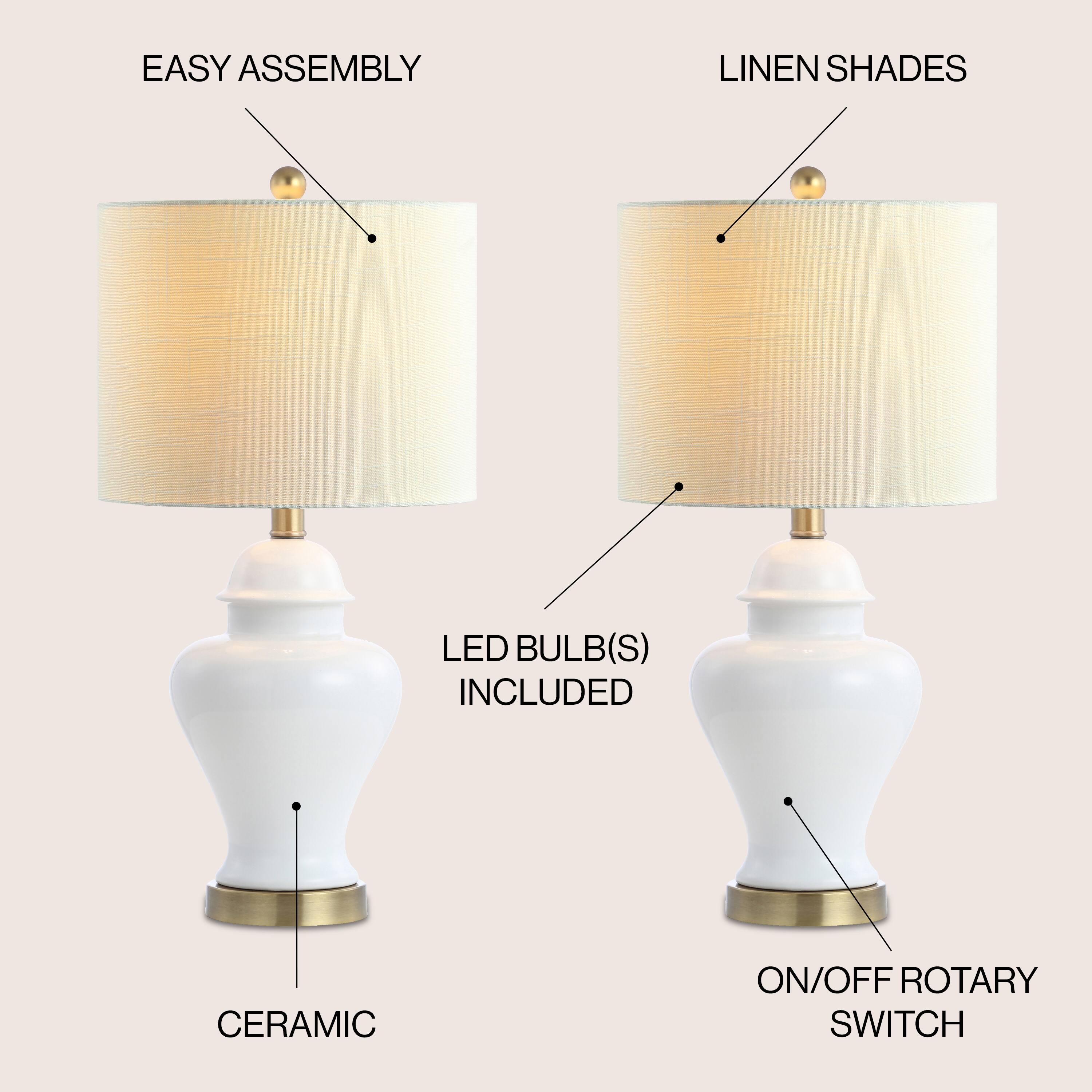 EASY ASSEMBLY  
LINEN SHADES  
LED BULB(S) INCLUDED  
CERAMIC  
ON/OFF ROTARY SWITCH
