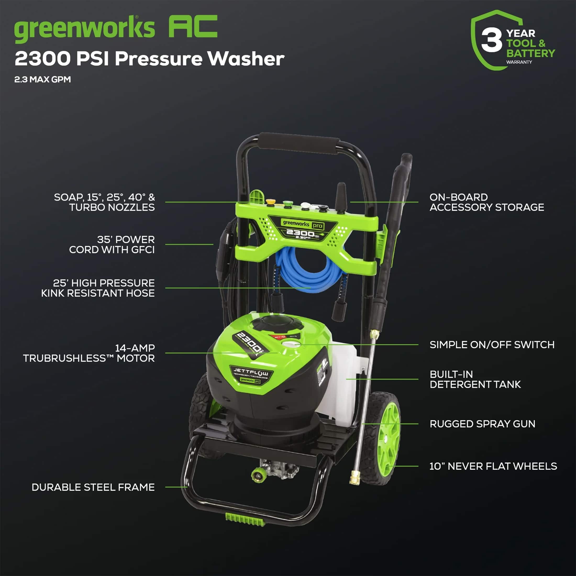 Greenworks 2300 PSI 2.3 GPM Cold Water Electric Pressure Washer Green