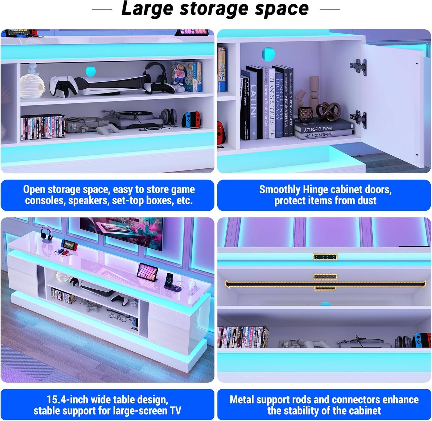 Large storage space

Open storage space, easy to store game consoles, speakers, set-top boxes, etc.

Smoothly Hinge cabinet doors, protect items from dust

15.4-inch wide table design, stable support for large-screen TV

Metal support rods and connectors enhance the stability of the cabinet