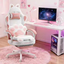 Dowinx - Meenice Gaming Chair Cute with Fluffy Seat Cushion & Lumbar Pillow, Game Chair with Cat Ear Decos for Girls - Pink