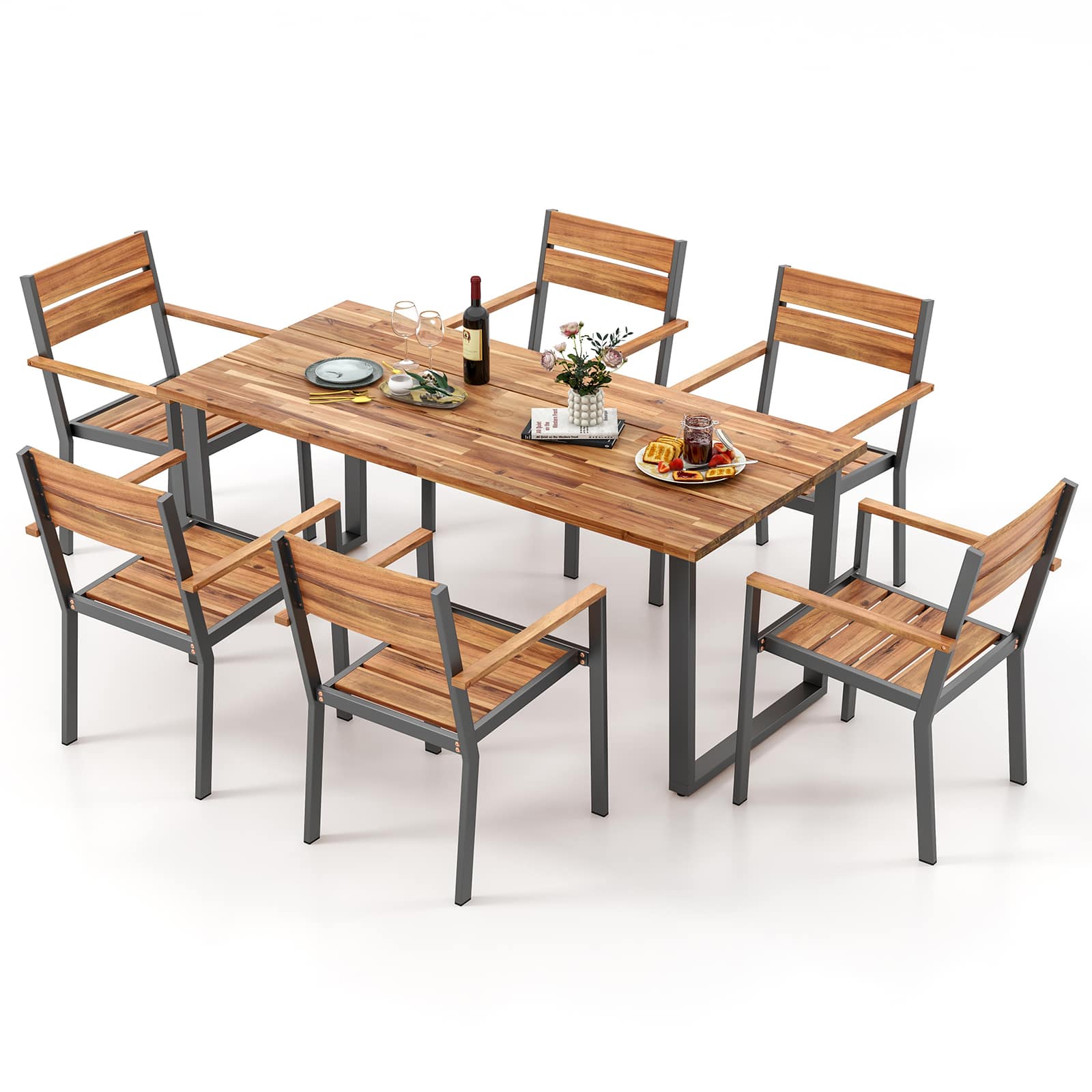 Gymax - 7 Piece Patio Dining Set 69'' Rectangle Table w/ 6 Stackable Chairs - Brown, Black