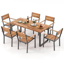 Gymax - 7 Piece Patio Dining Set 69'' Rectangle Table w/ 6 Stackable Chairs - Brown, Black