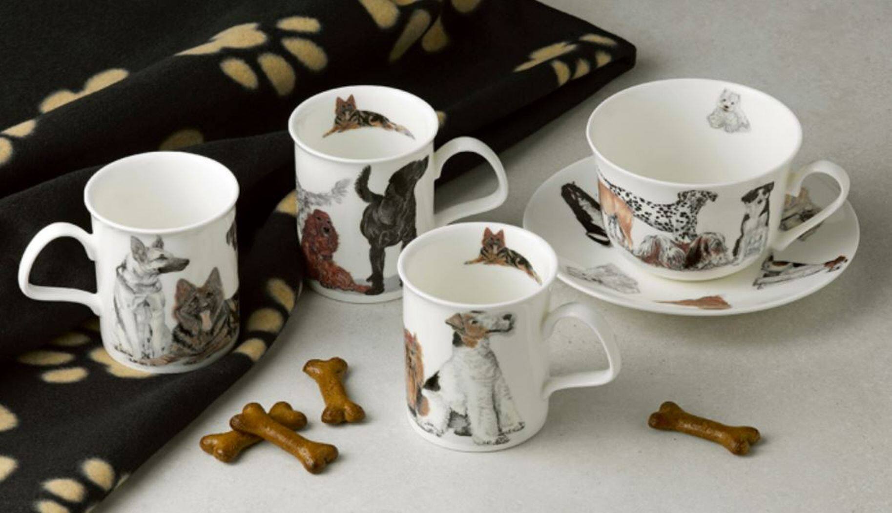 Left. Jiallo - Roy Kirkham Lancaster Mug - Dogs Galore Set of 6, Bone China Ceramic Made in England - Mutli color.