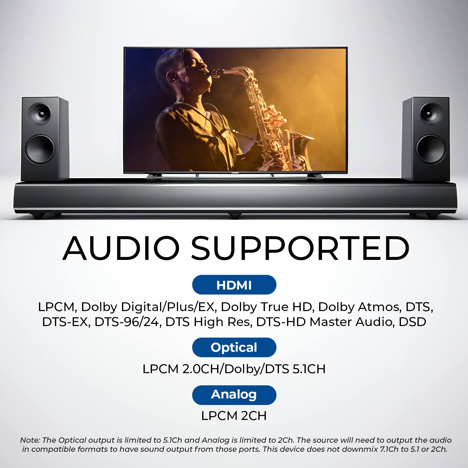 HDMI
LPCM, Dolby Digital/Plus/EX, Dolby True HD, Dolby Atmos, DTS, DTS-EX, DTS-96/24, DTS High Res, DTS-HD Master Audio, DSD

Optical
LPCM 2.0CH/Dolby/DTS 5.1CH

Analog
LPCM 2CH

Note: The Optical output is limited to 5.1Ch and Analog is limited to 2Ch. The source will need to output the audio in compatible formats to have sound output from those ports. This device does not downmix 7.1Ch to 5.1 or 2Ch.