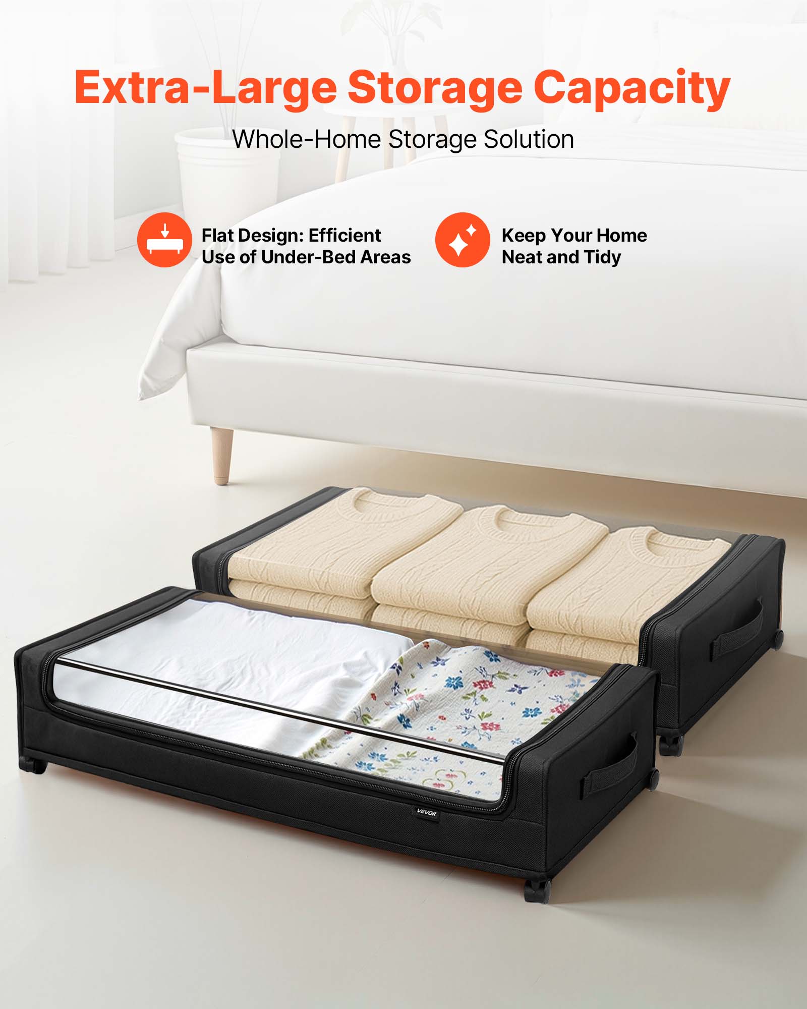Extra-Large Storage Capacity  
Whole-Home Storage Solution  

Flat Design: Efficient Use of Under-Bed Areas  
Keep Your Home Neat and Tidy