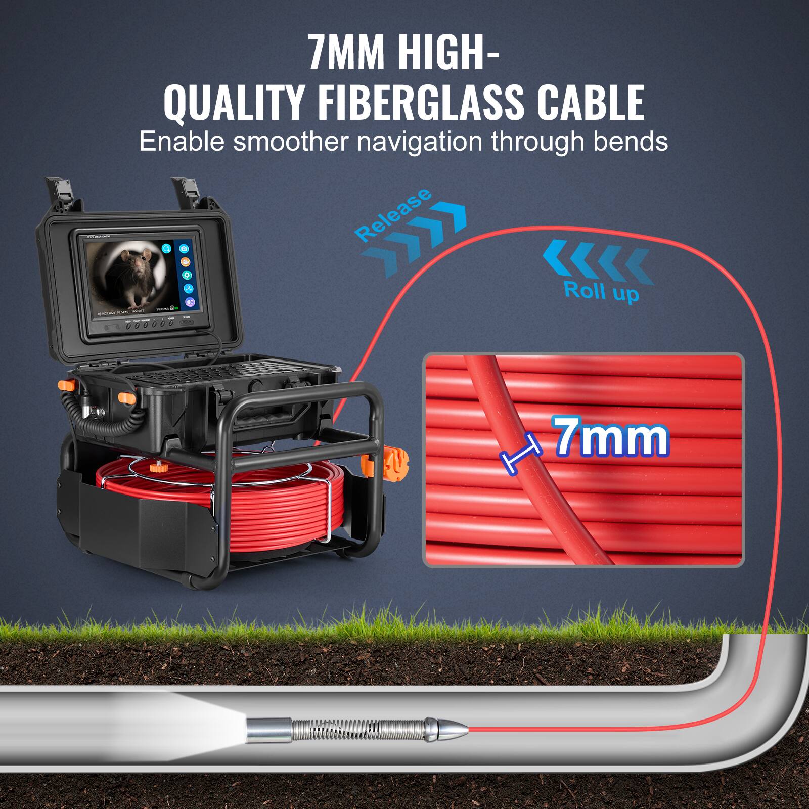 7MM HIGH-QUALITY FIBERGLASS CABLE  
Enable smoother navigation through bends  
Release  
Roll up  
7mm