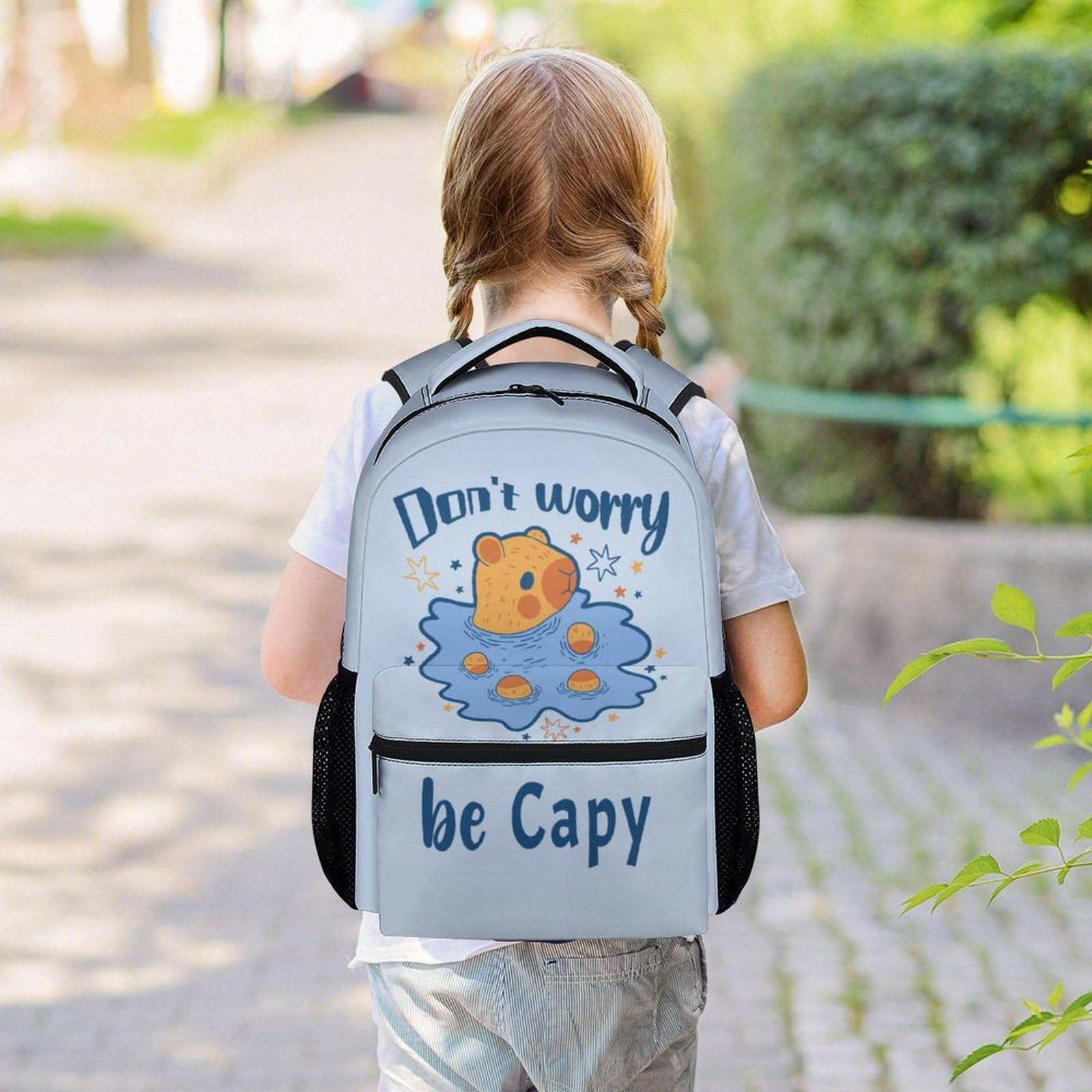 Left. Cozy Serene - School Backpack For  16" Light Blue Backpacks Cute Large Capacity Bookbag Students To Supplies Gifts Animals Lovers - Capybara-2-3pc.