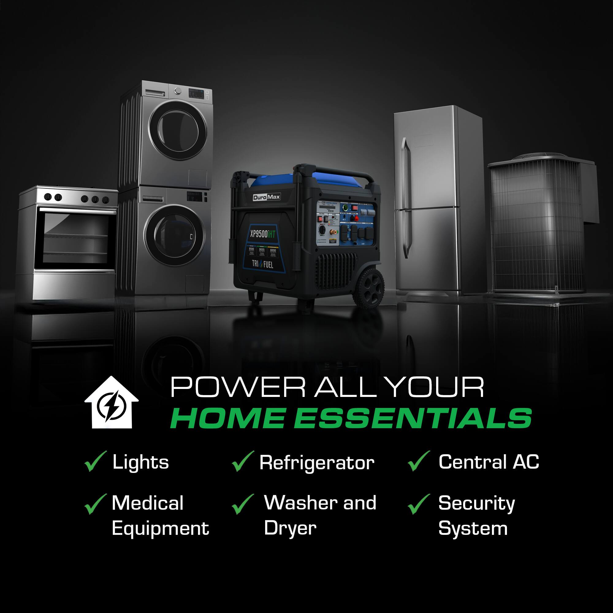 ure Aas IP9500 al I TRI FUEL POWER ALL YOUR HOME ESSENTIALS Lights Refrigerator Central AC Medical Equipment Washer and Dryer Security System