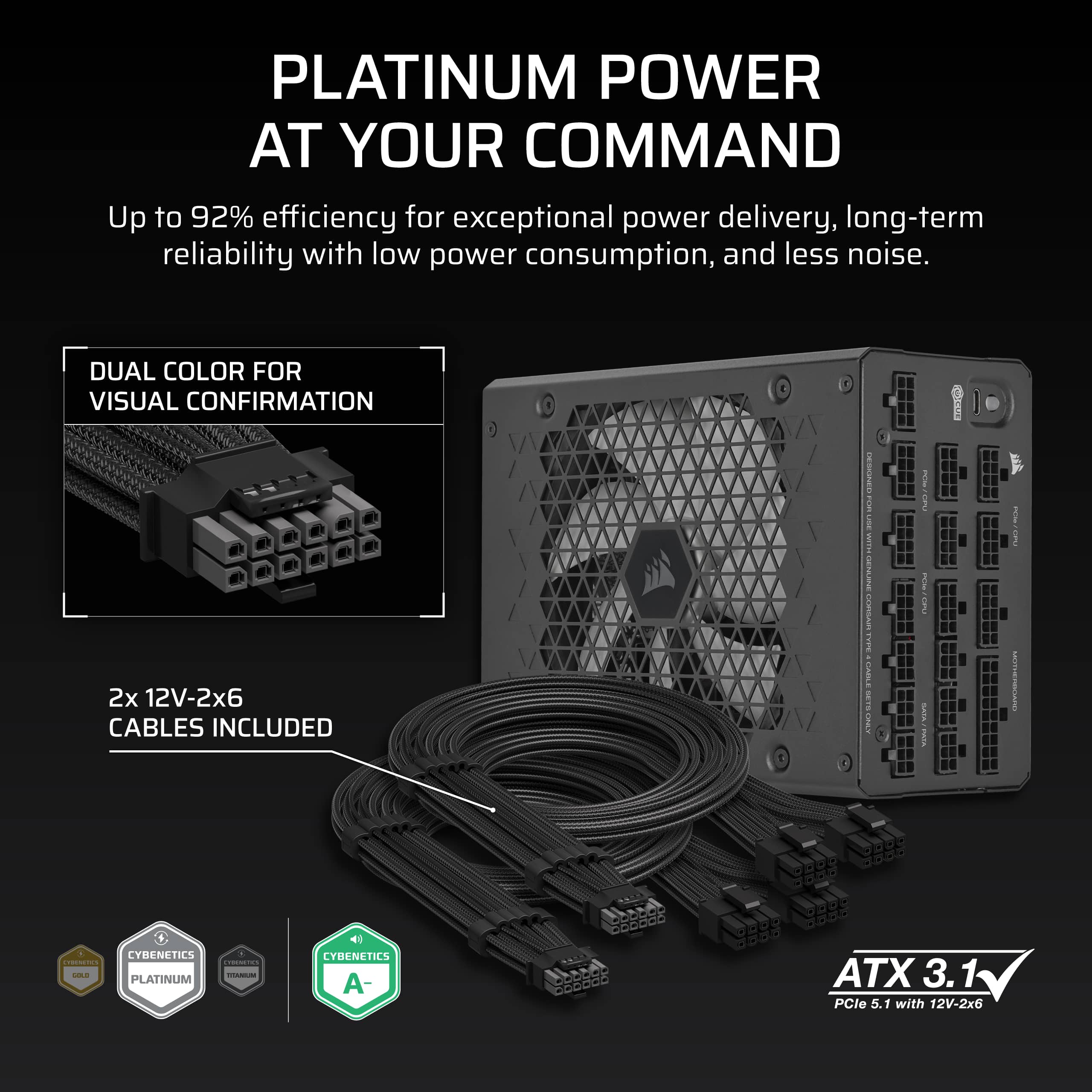 The text on the image reads: "Platinum Power at Your Command Up to 92% efficiency for exceptional power delivery, long-term reliability with low power consumption, and less noise. Dual Color for Visual Confirmation 2x 12V-2x6 Cables Included. CYMENETICS PLATINUM - CYMENETICS A- ATX 3.1 PCle 5.1 with 12V-2x6."