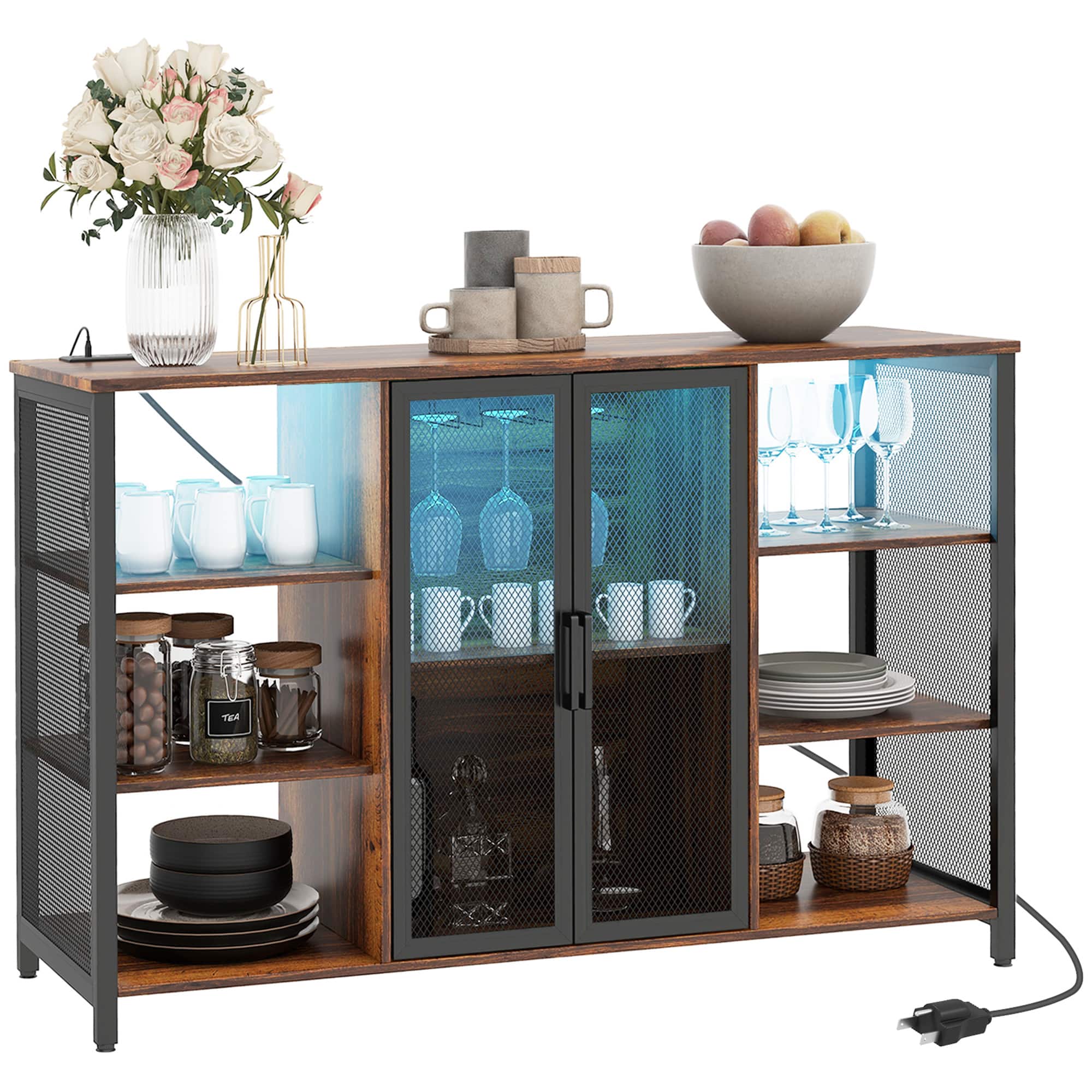 Front. Homcom - Wine Bar Cabinet with Charging Station, Wine Table with Glass Holders, Adjustable Shelf and 6 Open Shelves - Rustic Brown.