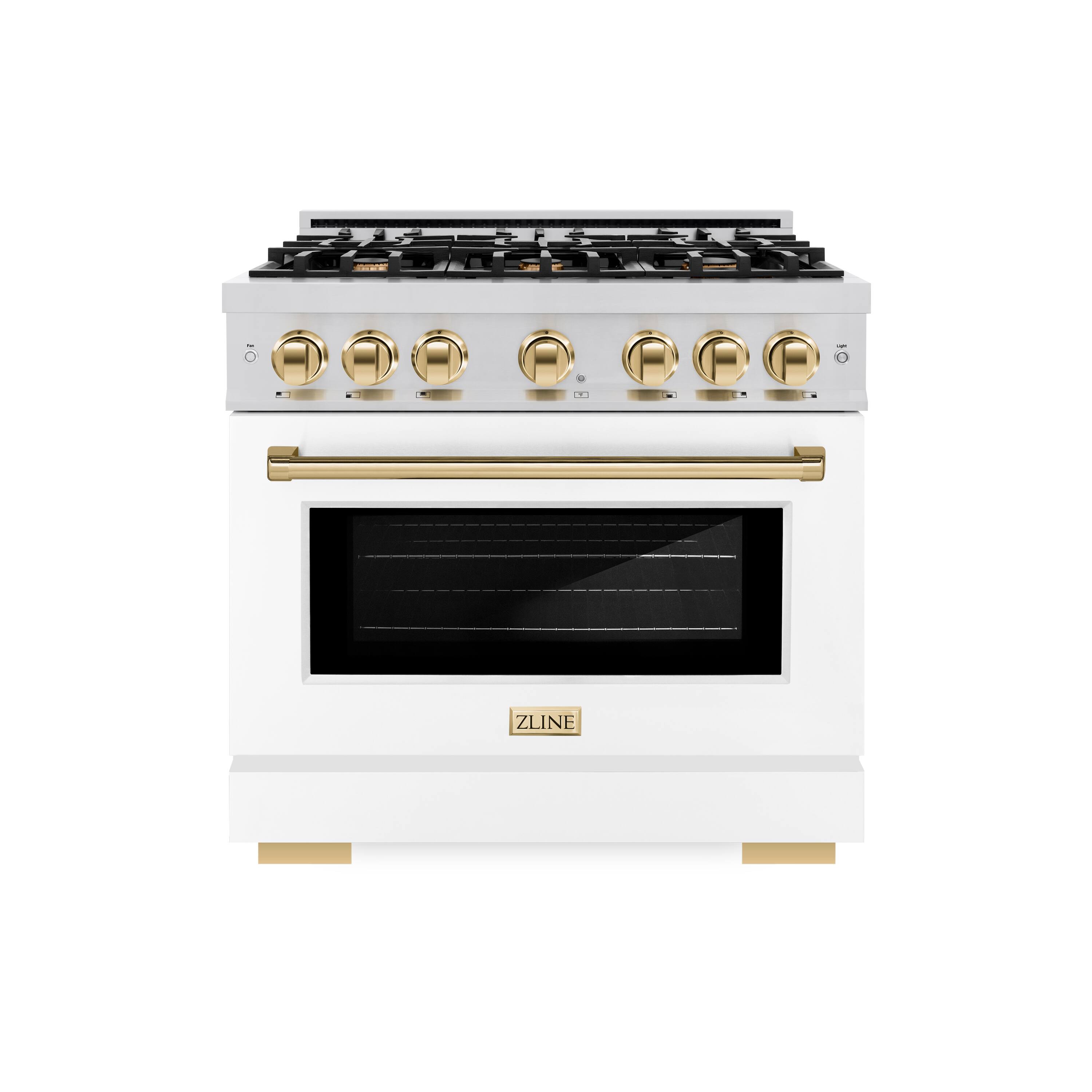 Angle. ZLINE - ZLINE Autograph 36 in. 5.2 cu. ft. Freestanding Select Gas Range w/ 6 Burners & White Door w/ Gold Accents - Stainless Steel.