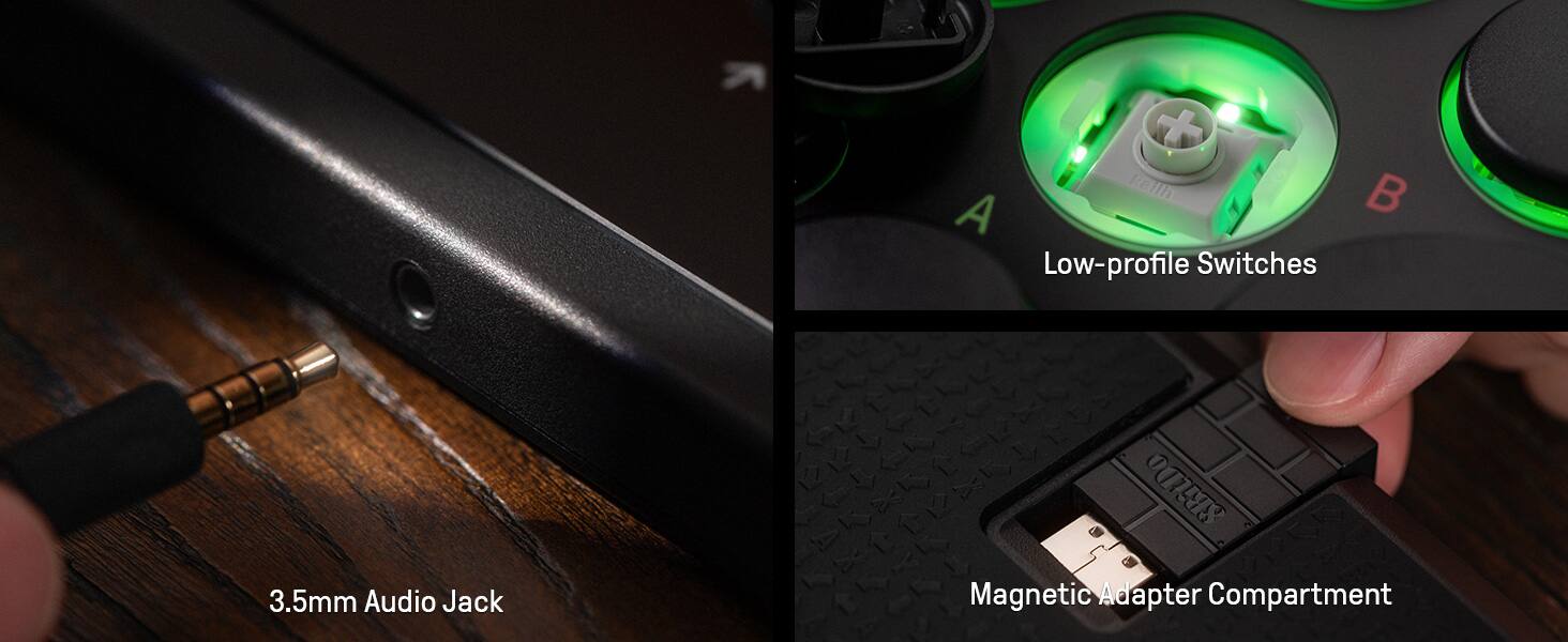 - 3.5mm Audio Jack
- Low-profile Switches
- Magnetic Adapter Compartment