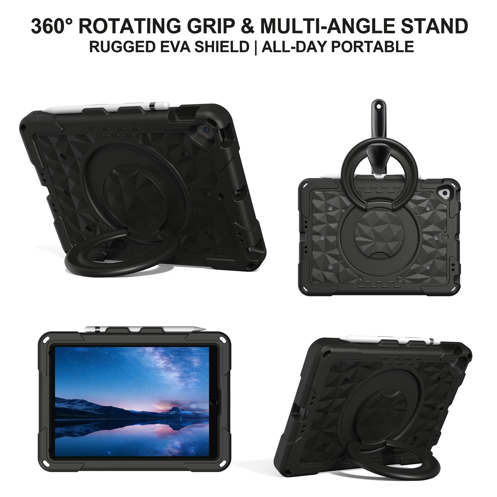 360° ROTATING GRIP & MULTI-ANGLE STAND  
RUGGED EVA SHIELD | ALL-DAY PORTABLE