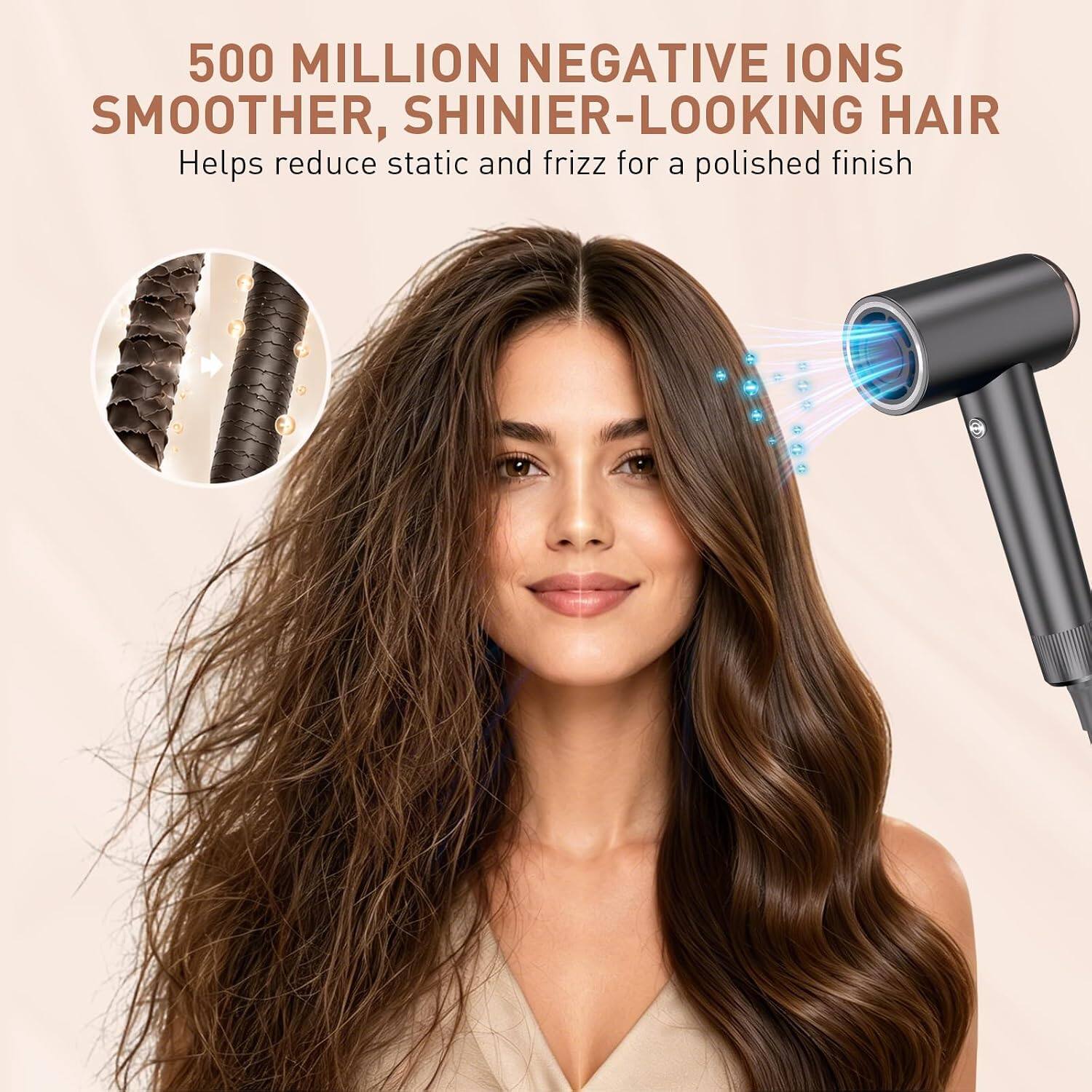 500 MILLION NEGATIVE IONS  
SMOOTHER, SHINIER-LOOKING HAIR  
Helps reduce static and frizz for a polished finish