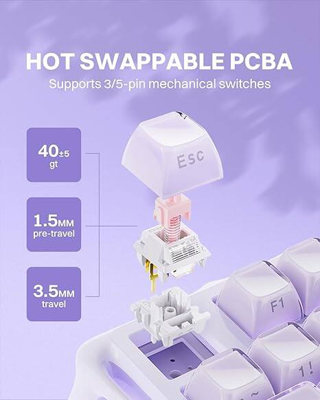 HOT SWAPPABLE PCBA  
Supports 3/5-pin mechanical switches  
40±5 gt  
1.5mm pre-travel  
3.5mm travel  
F1  
1!
