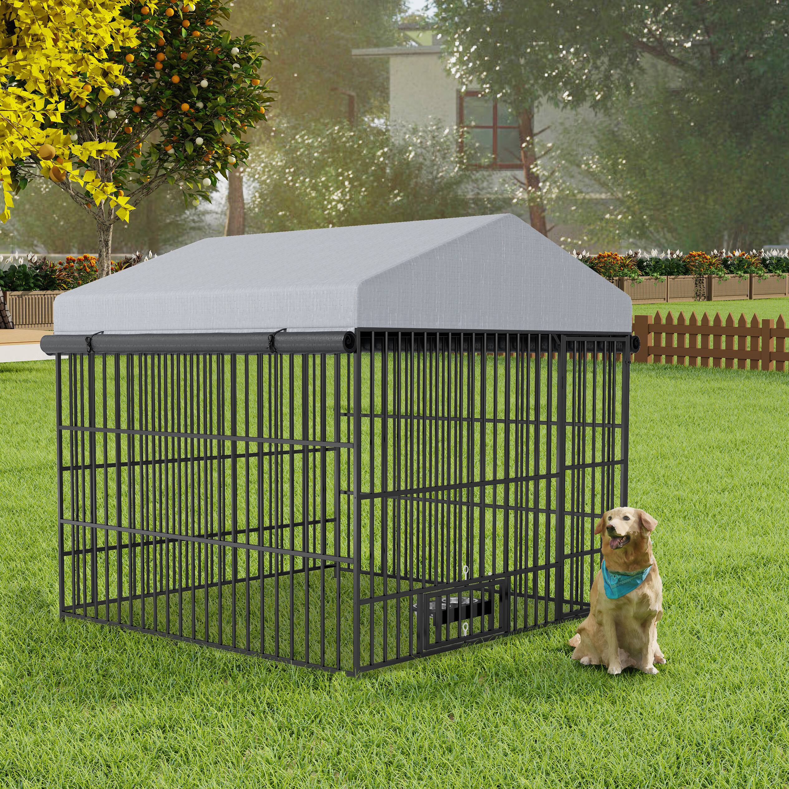 Back. Dexmalle - Dexmalle-6.6'L x 6.6'W x 6.4'H Large Dog Kennel Outdoor Pet Pens Run-Metal Fence with Roof Cover.