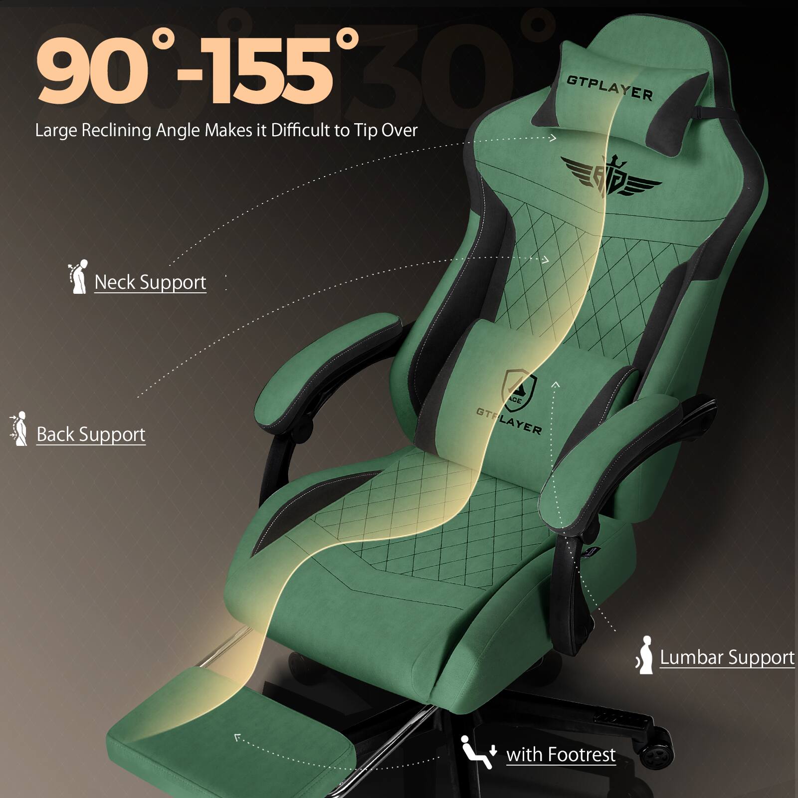 90°-155°  
Large Reclining Angle Makes it Difficult to Tip Over  

Neck Support  
Back Support  
Lumbar Support  
with Footrest