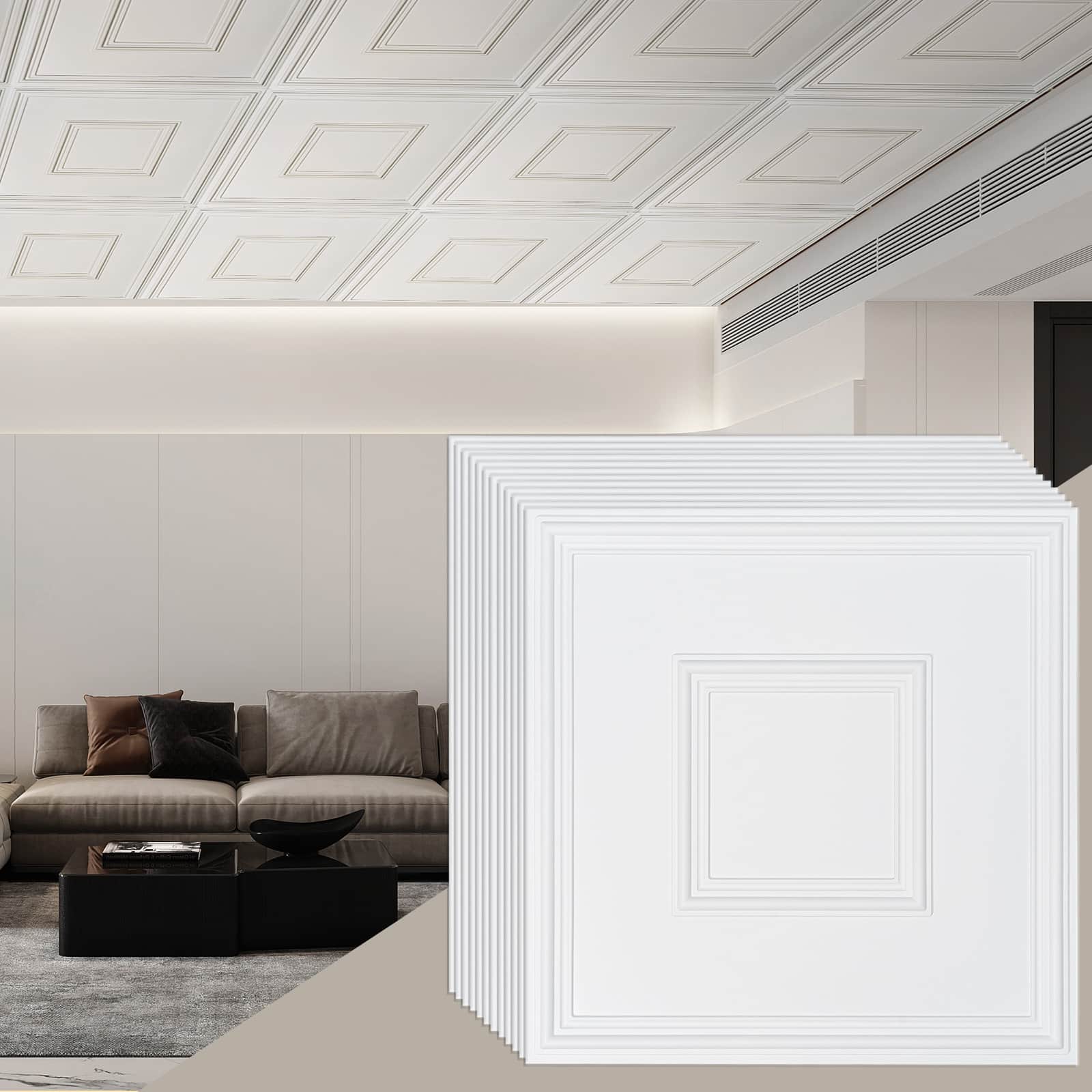 VEVOR - Ceiling Tiles, 12-Pack 24 x 24 in, Drop Ceiling Tiles Premium PVC Sheet, Easy Installation/ Cutting Plastic Glue-up - White