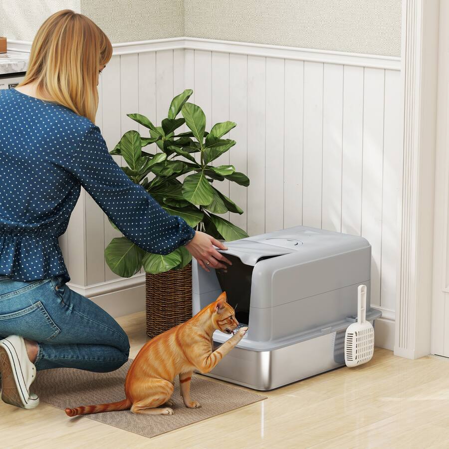Two Cat Backpack Pawhut in 1 Stainless Steel Cat Litter Box with Removable Lid, Scoop ...