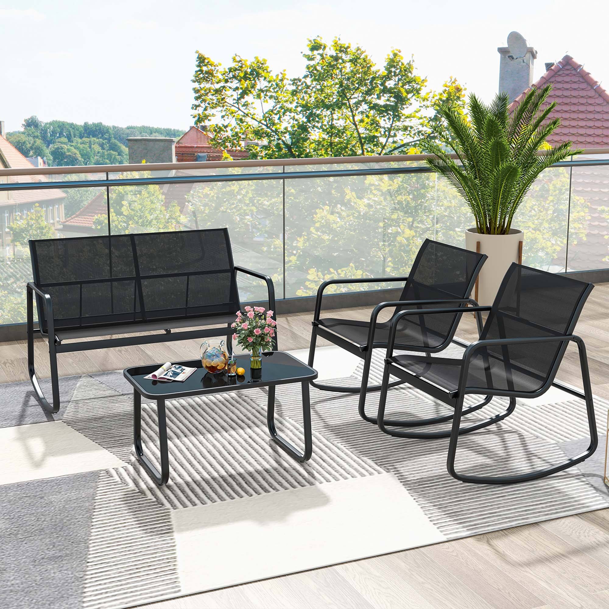 Alt View 3. Costway - 4 PCS Patio Rocking Rocking Chairs & Loveseat with Glass-Top Table Outdoor - Black.