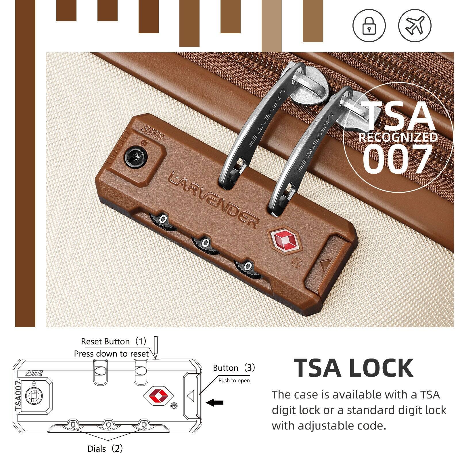 Sure, here is the corrected and grouped text from the image:

---

**TSA SEDS RECOGNIZED SA007 007 LARVENDER SICHC**

**TSA LOCK**

The case is available with a TSA digit lock or a standard digit lock with adjustable code.

- **Reset Button (1)**  
  Press down to reset

- **Dials (2)**

- **Button (3)**  
  Push to open TSA LOCK

---

**TSA RECOGNIZED 007**