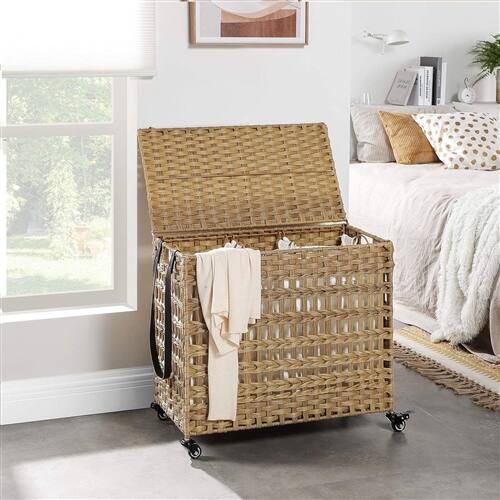 Angle. SlickBlue - Rattan Laundry Hamper Cart with 3 Baskets and Removable Cotton Bags - Tan.