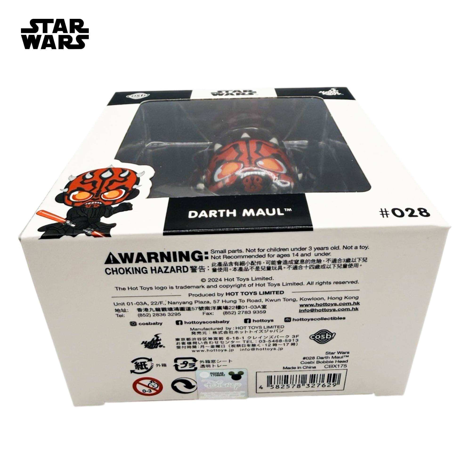 STAR WARS WadE THA DARTH MAUL #028  
Under 3 years old. Not a toy. Small parts. Not for children for ages 14 and under.  
WARNING: Not Recommended CHOKING HAZARD  
2024 Hot Toys Limited. Limited. All rights reserved.  
Trademark and copyright of Hot Toys.  
The Hot Toys logo is produced by HOT TOYS LIMITED, Kowloon, Hong Kong, Piaza. 57 Hung To Road, Kwun Tong, Unit 01-03A, 22/F.  
Nanyang www.hottoys.com.hk  
2201-03A: 2703 acSO info@hottoys.com.hk  
(82) 2830 acrum Fax: (852)  
Tei: hottoys hottoyscollectibles cosbrabay 1 hottoyscosbaby  
Manufactured by HOT LIMITED  
3F OSD 6-18-1 03-5468-5012  
THE Star Ware 2028 Darth Maulm Cosbi Bobibio Head Mtares an China CBX