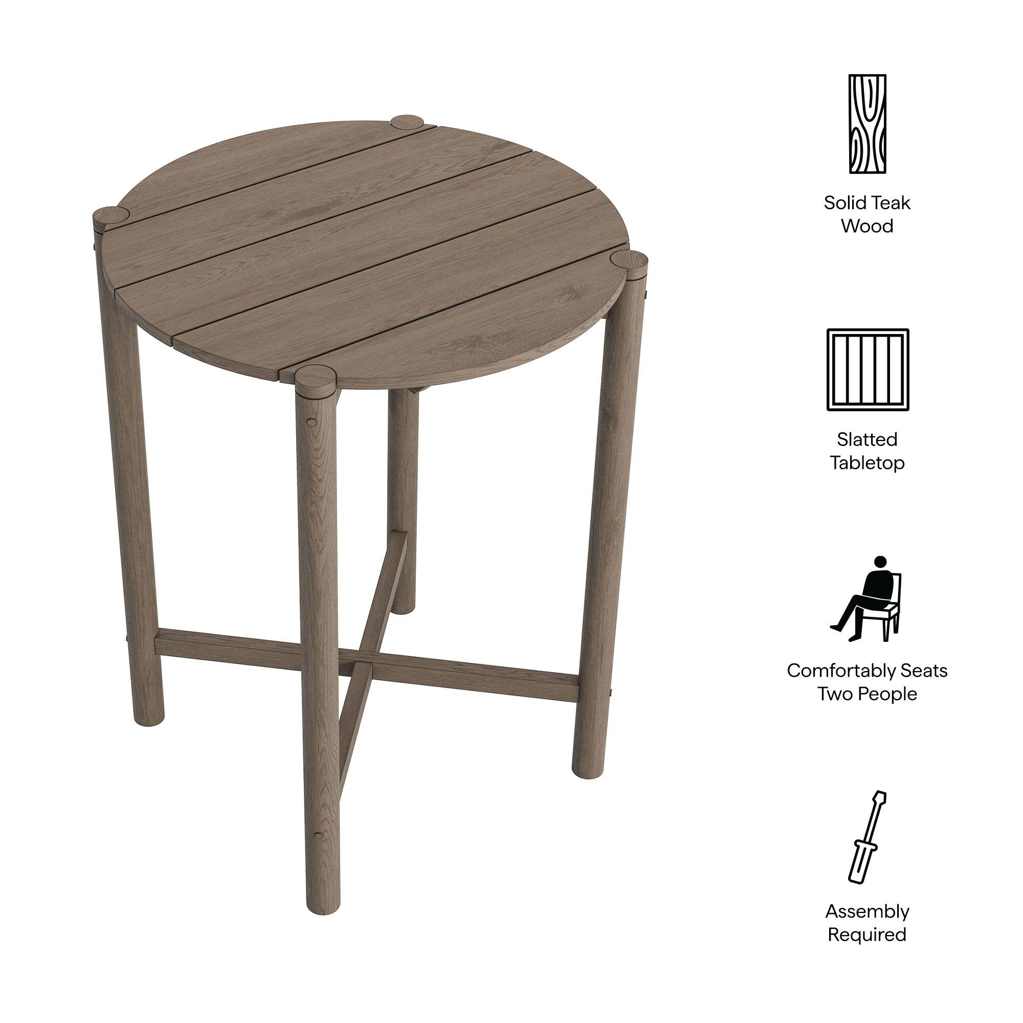 Solid Teak Wood Slatted Tabletop  
Comfortably Seats Two People  
Assembly Required