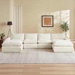 Loheer - Modern Minimalist Chenille Sectional Sofa with Ottoman Oversized Living Room Couch - Beige