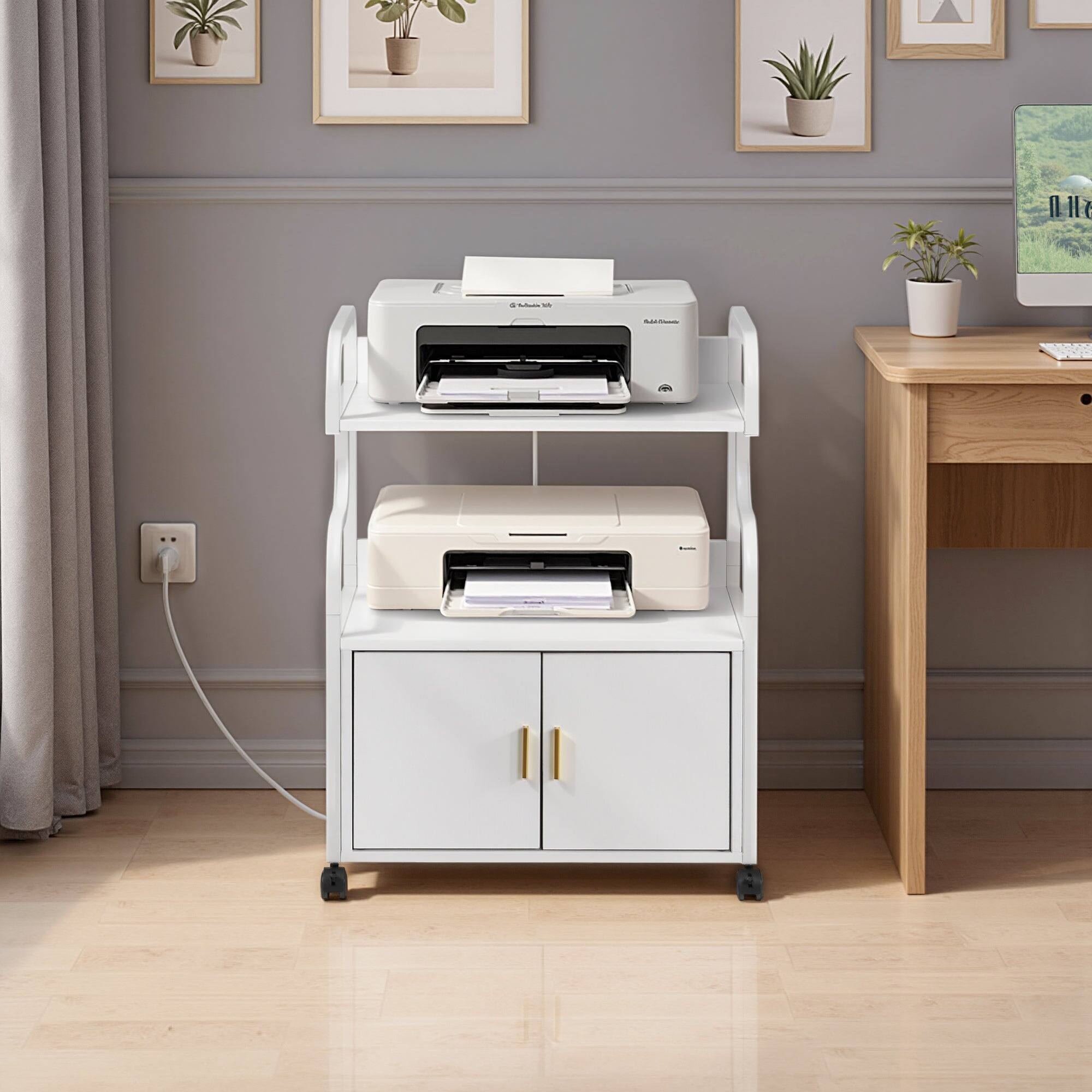 Alt View 2. Vecelo - 3 Tier White Printer Stand with Power Outlet & Door, Rolling Metal Printer Cart with Storage Shelves - White.
