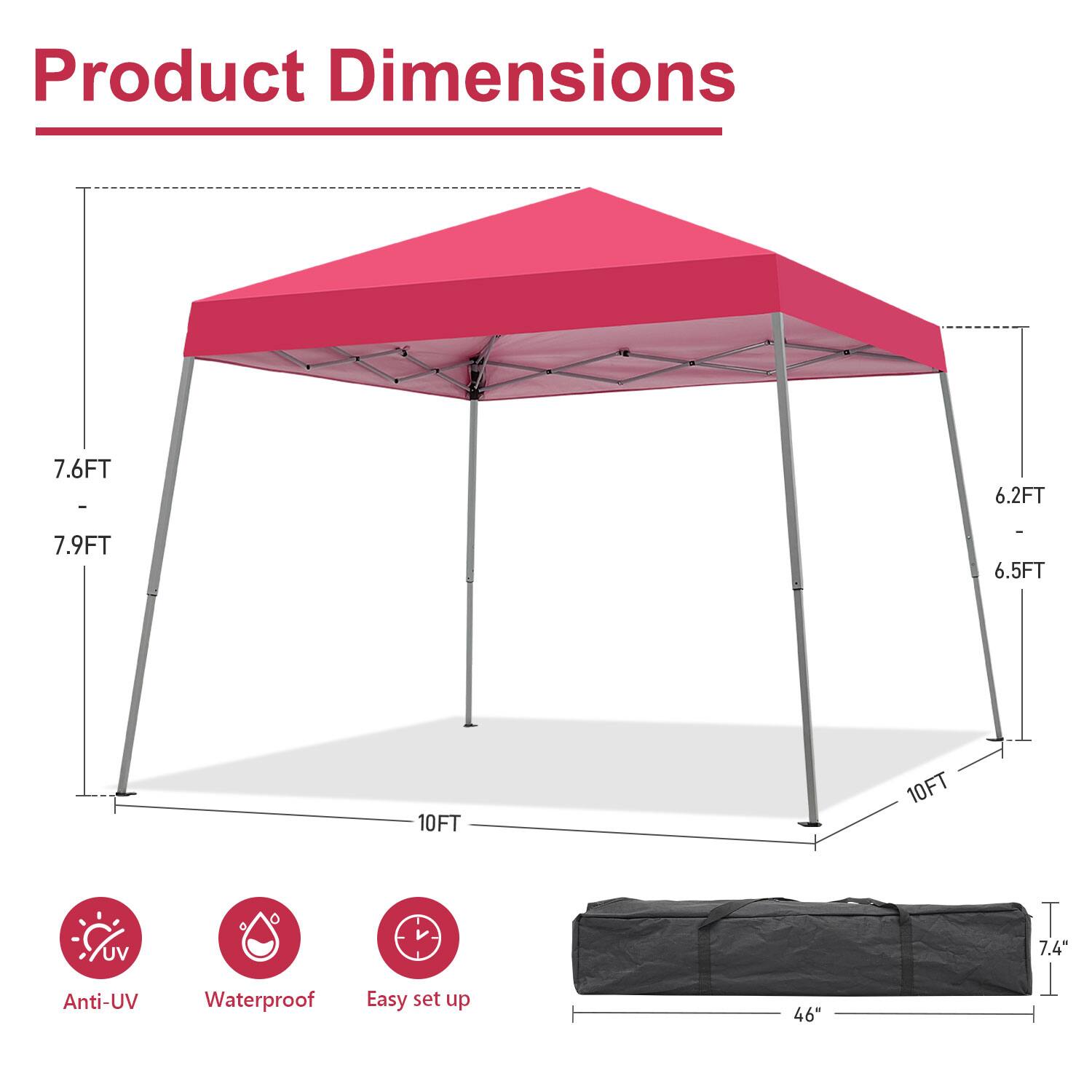 Product Dimensions: 7.6FT, 6.2FT, 7.9FT, 6.5FT, 10FT, 10FT, 7.4", 46"

Features: Anti-UV, Waterproof, Easy set up