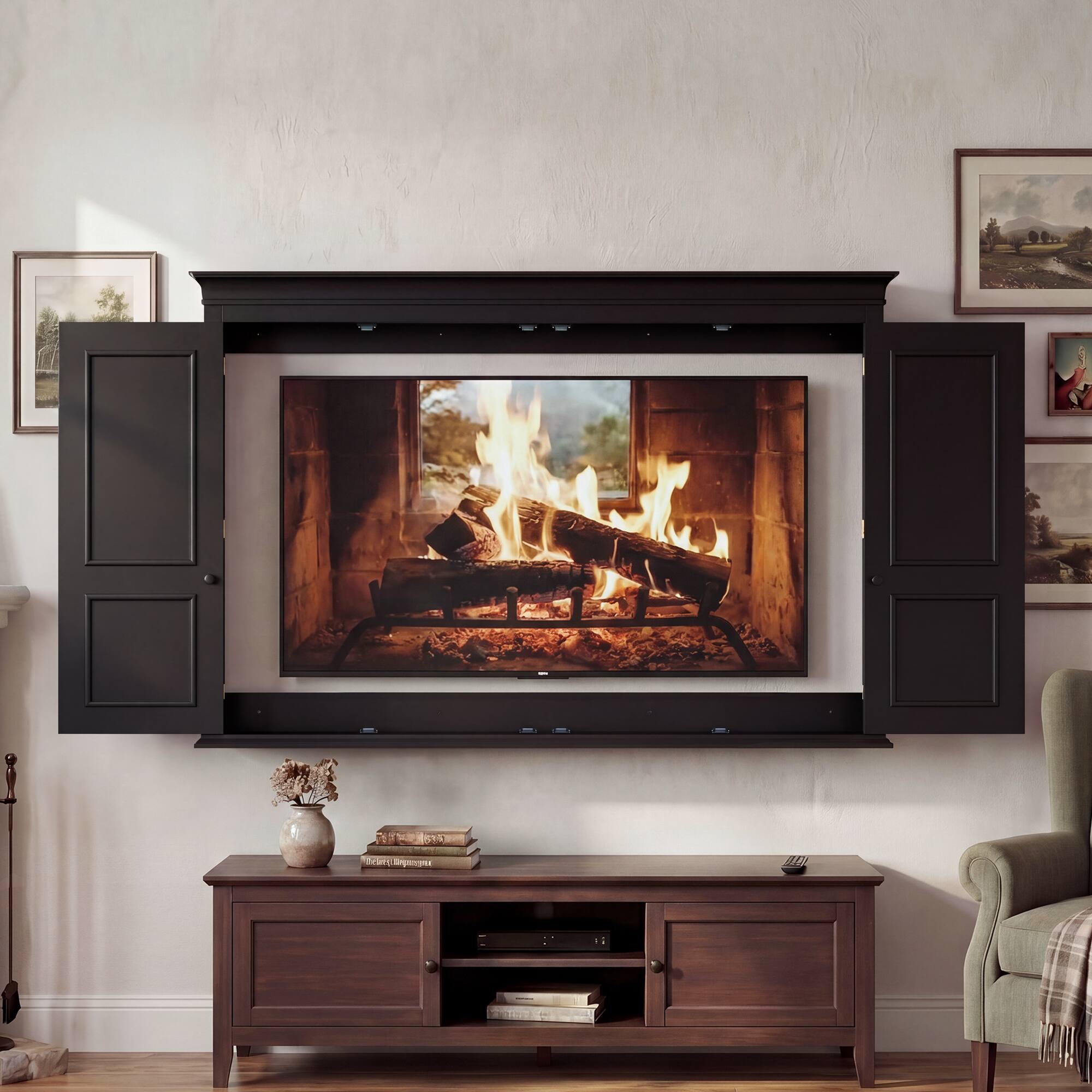 Front. Famapy - Stylish Wall-Mounted TV Cabinet for 60" TVs, Black Enclosure with Doors, Protective Cover & Elegant Decor - Black.